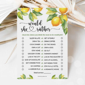 Would She Rather Lemon Baby Shower Game - Printable Citrus Baby Shower Game 003 + Free bonus